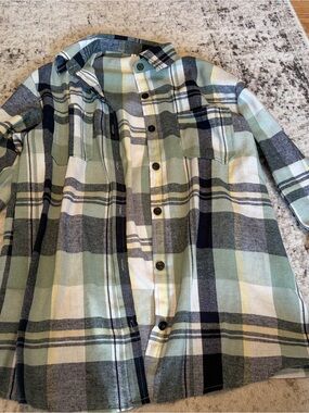 SHEIN Green White Gray Plaid Button-Up Shirt